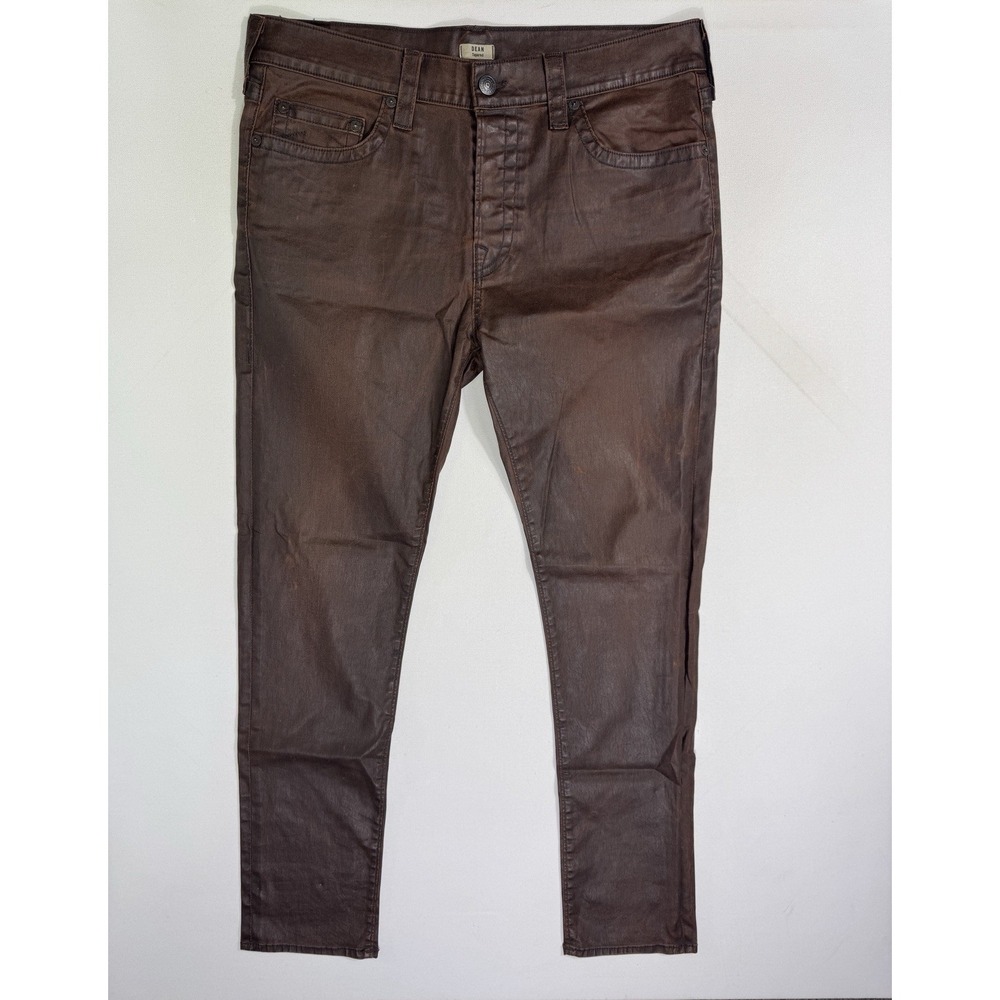 True Religion Dean Tapered Leather Look Jeans Brown Mens 38x31 Coated Denim USA